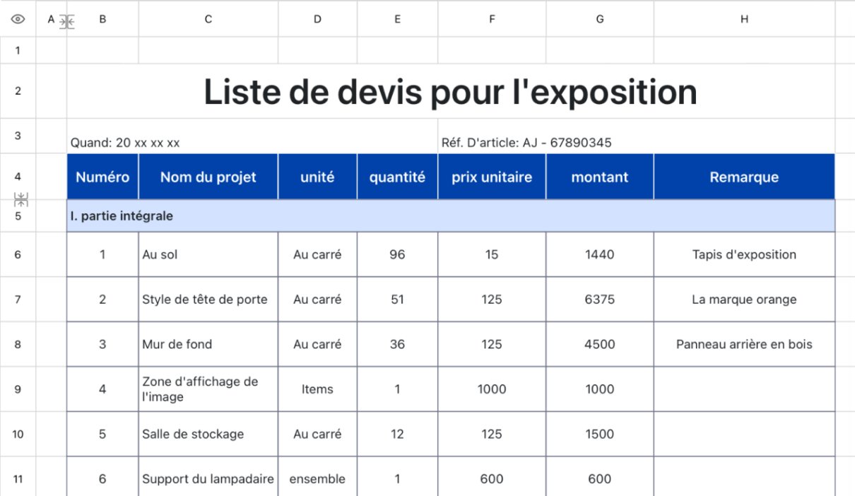 Liste de devis pour l'exposition